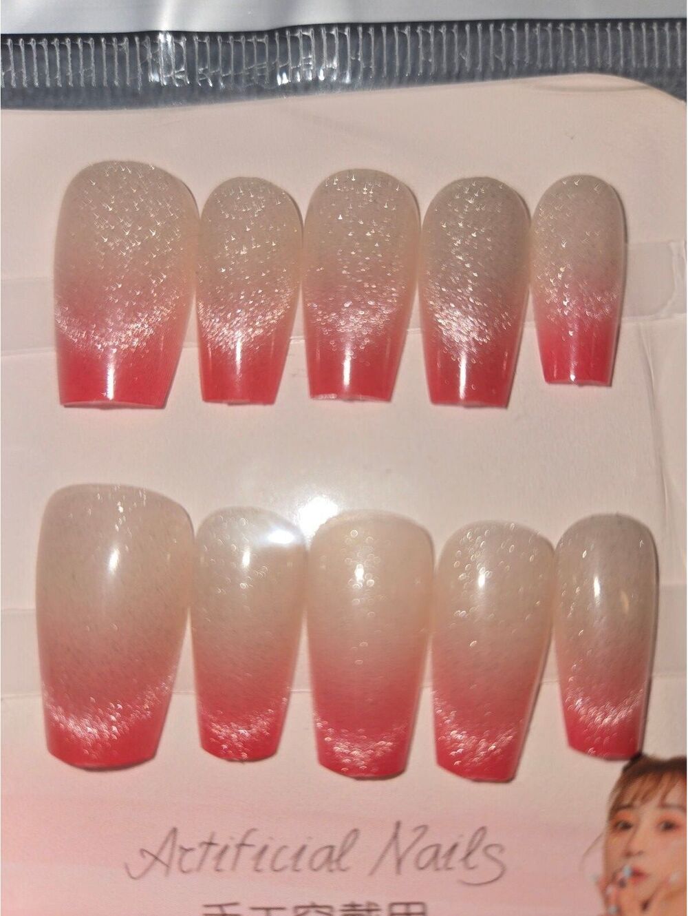 Sparkly Ombre Red to Cream Artificial Press-On Nails Set